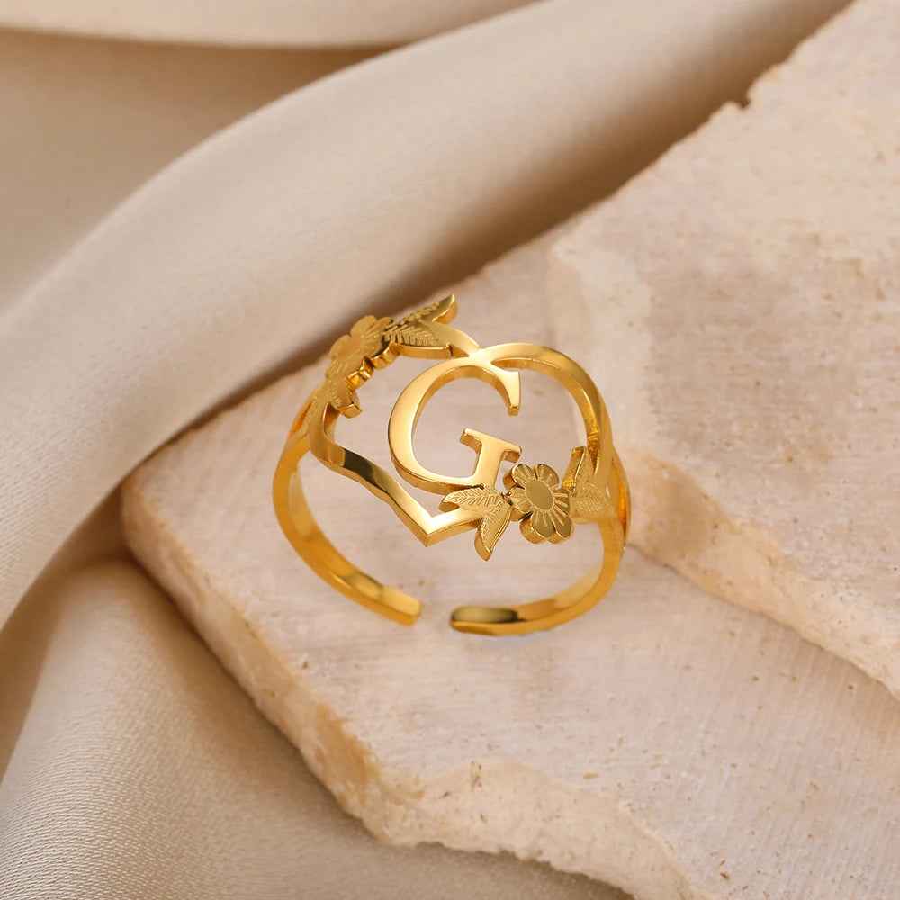 Custom Initials Letter Heart and Flowers Rings For Women - Gold Plated