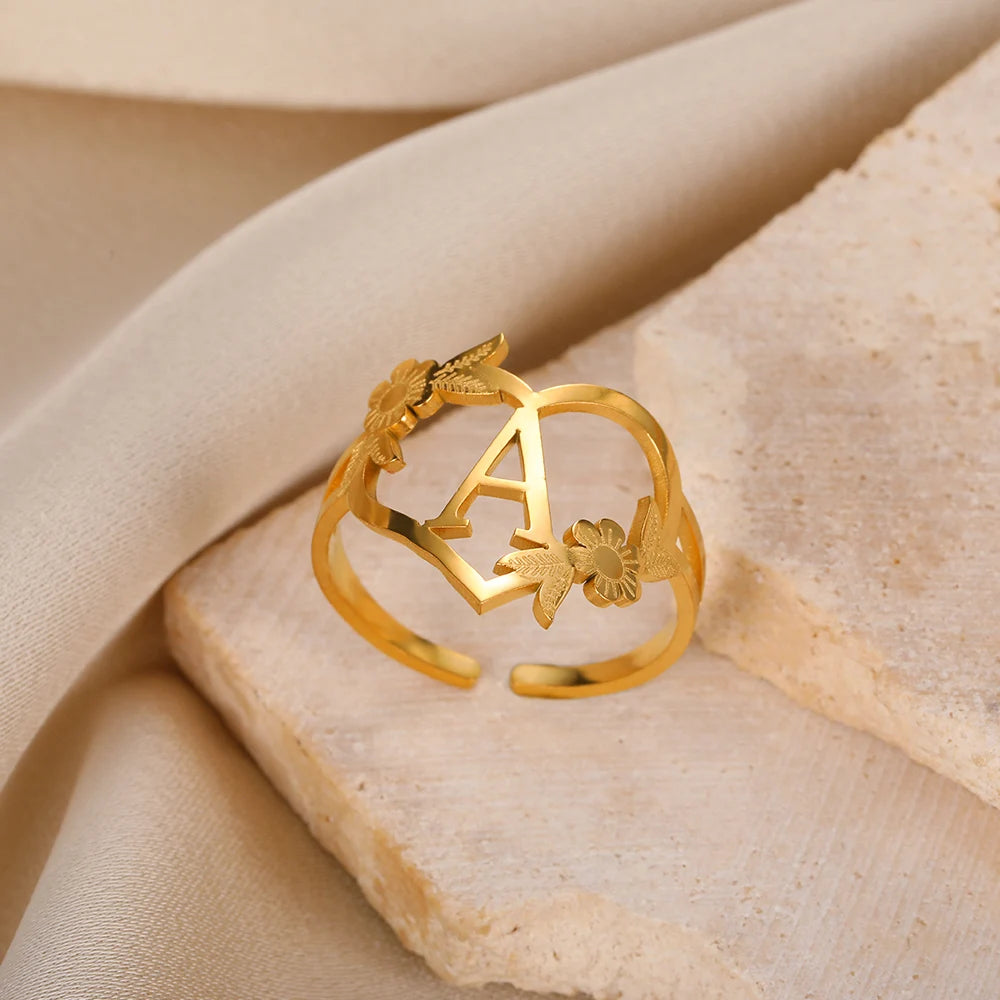 Custom Initials Letter Heart and Flowers Rings For Women - Gold Plated