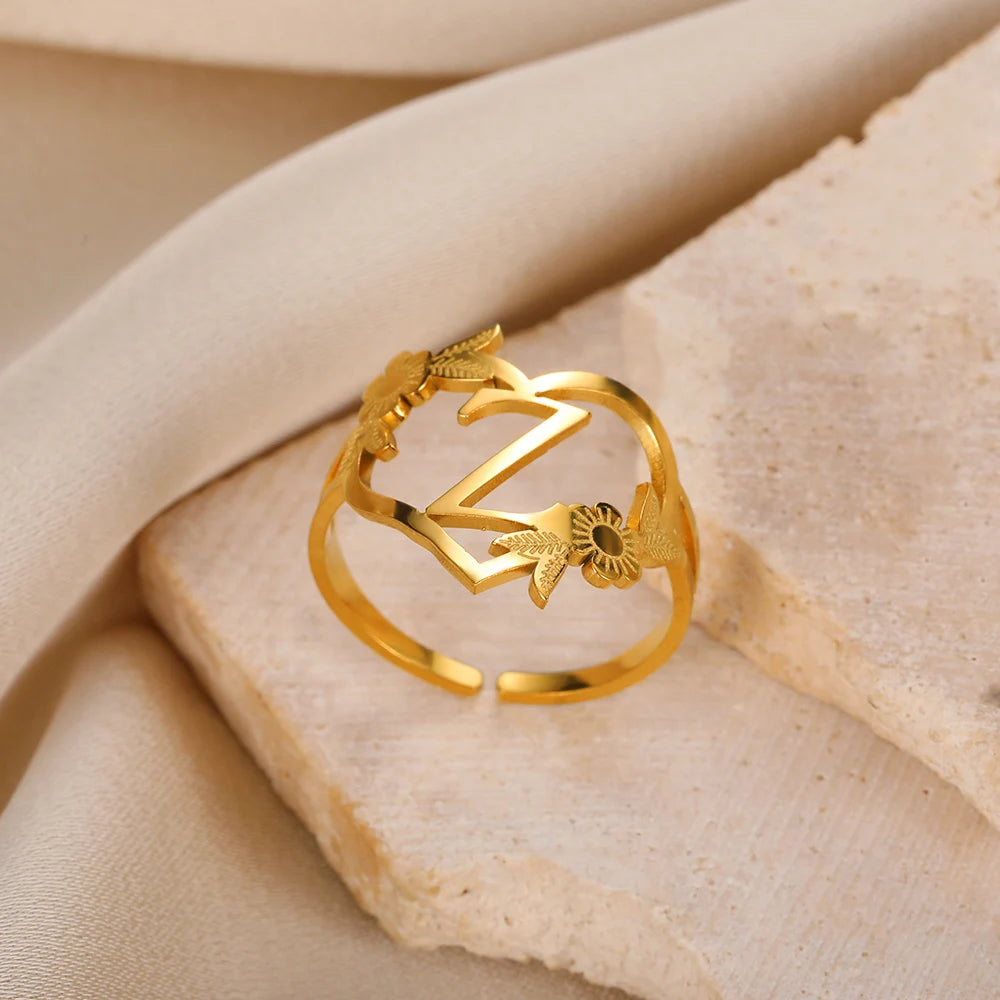 Custom Initials Letter Heart and Flowers Rings For Women - Gold Plated