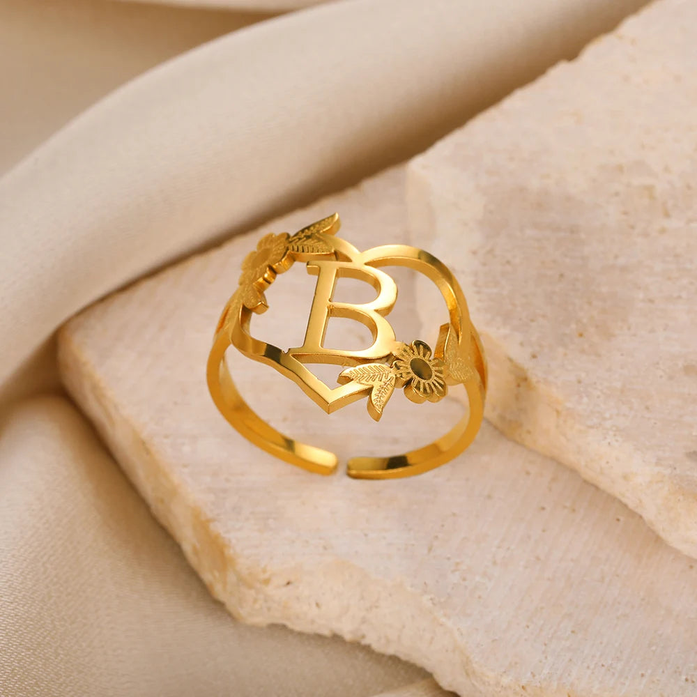 Custom Initials Letter Heart and Flowers Rings For Women - Gold Plated