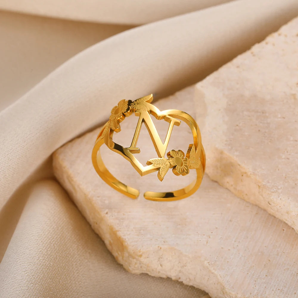 Custom Initials Letter Heart and Flowers Rings For Women - Gold Plated