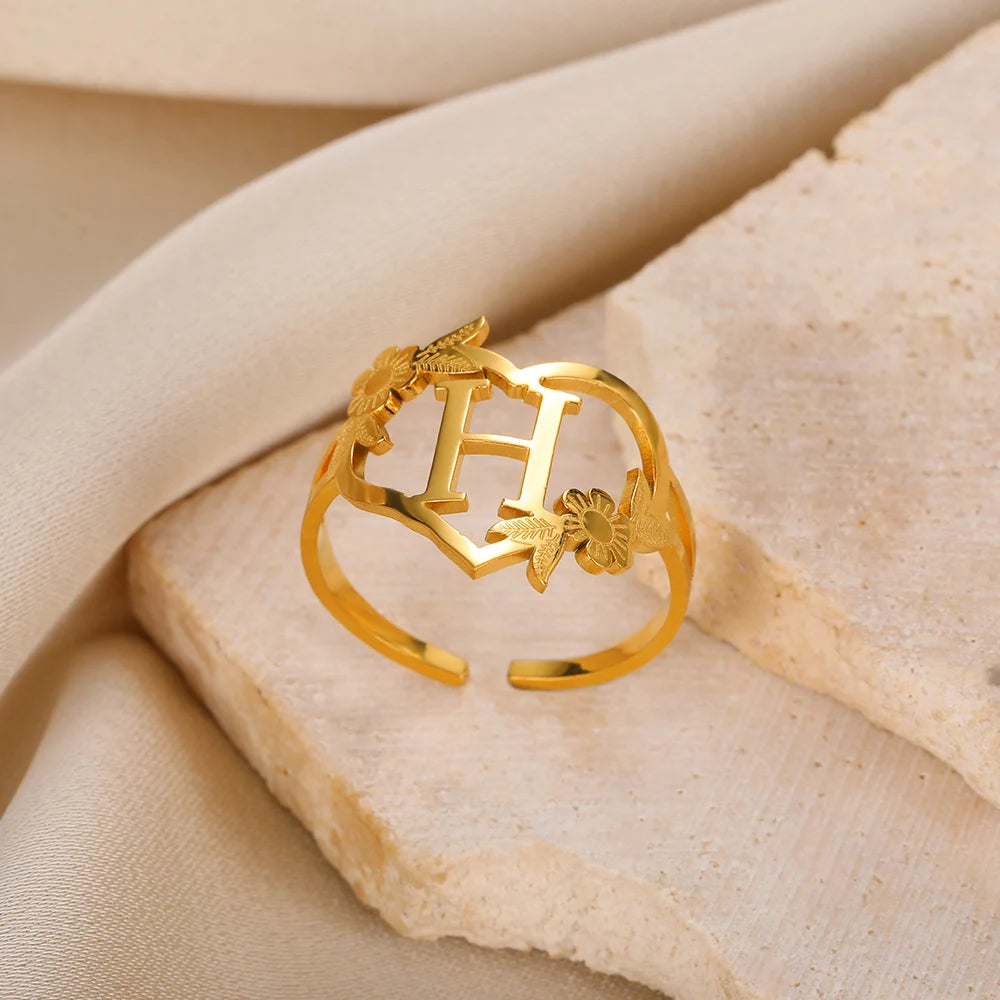 Custom Initials Letter Heart and Flowers Rings For Women - Gold Plated