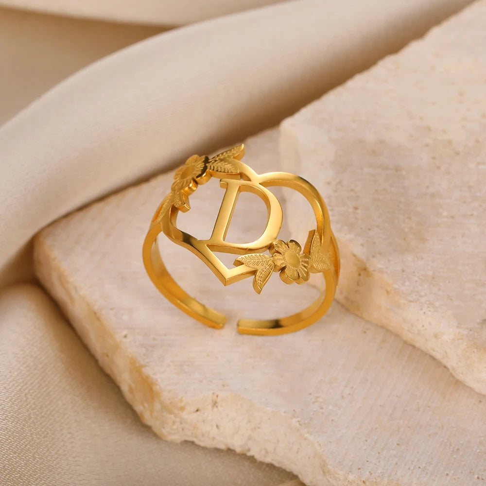 Custom Initials Letter Heart and Flowers Rings For Women - Gold Plated