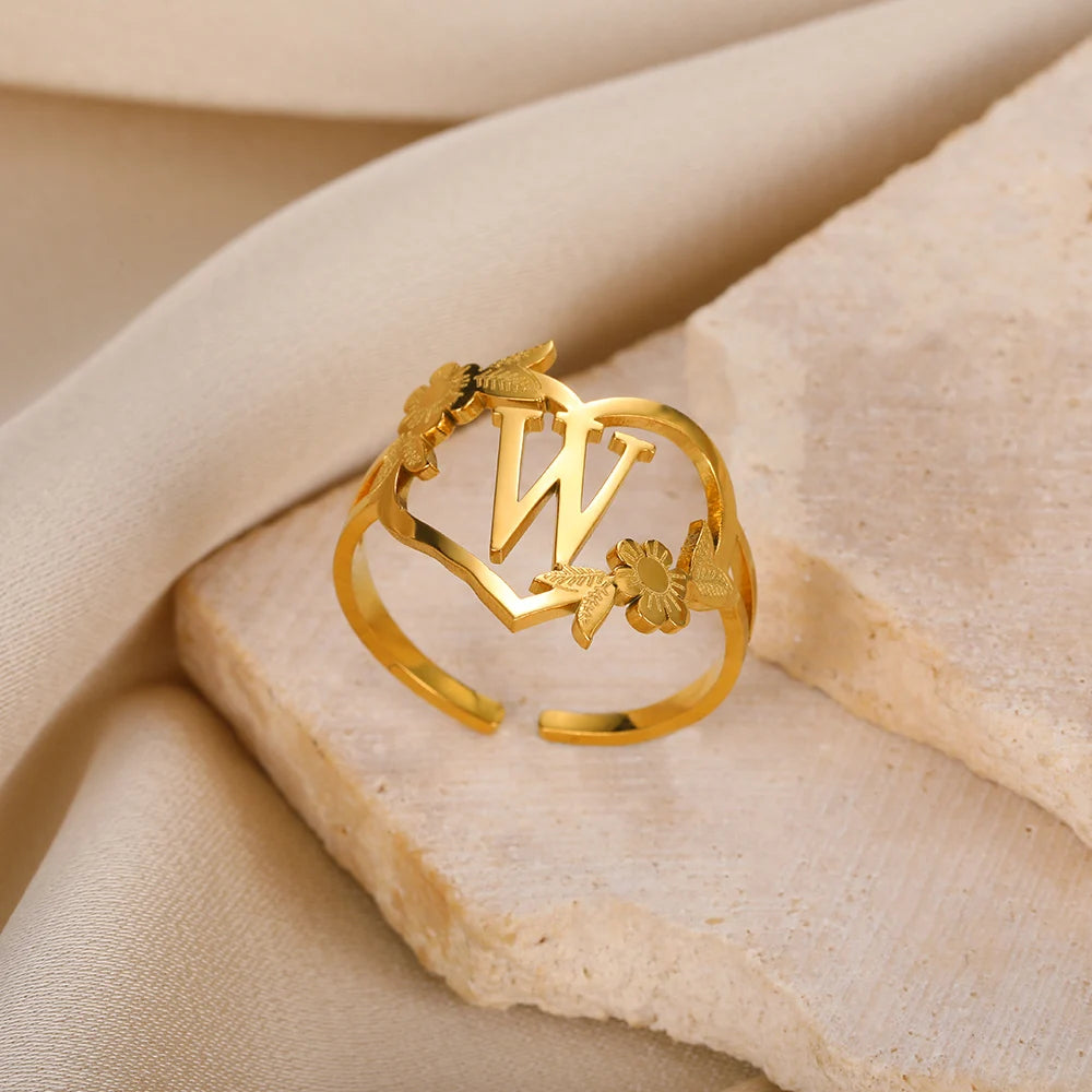 Custom Initials Letter Heart and Flowers Rings For Women - Gold Plated