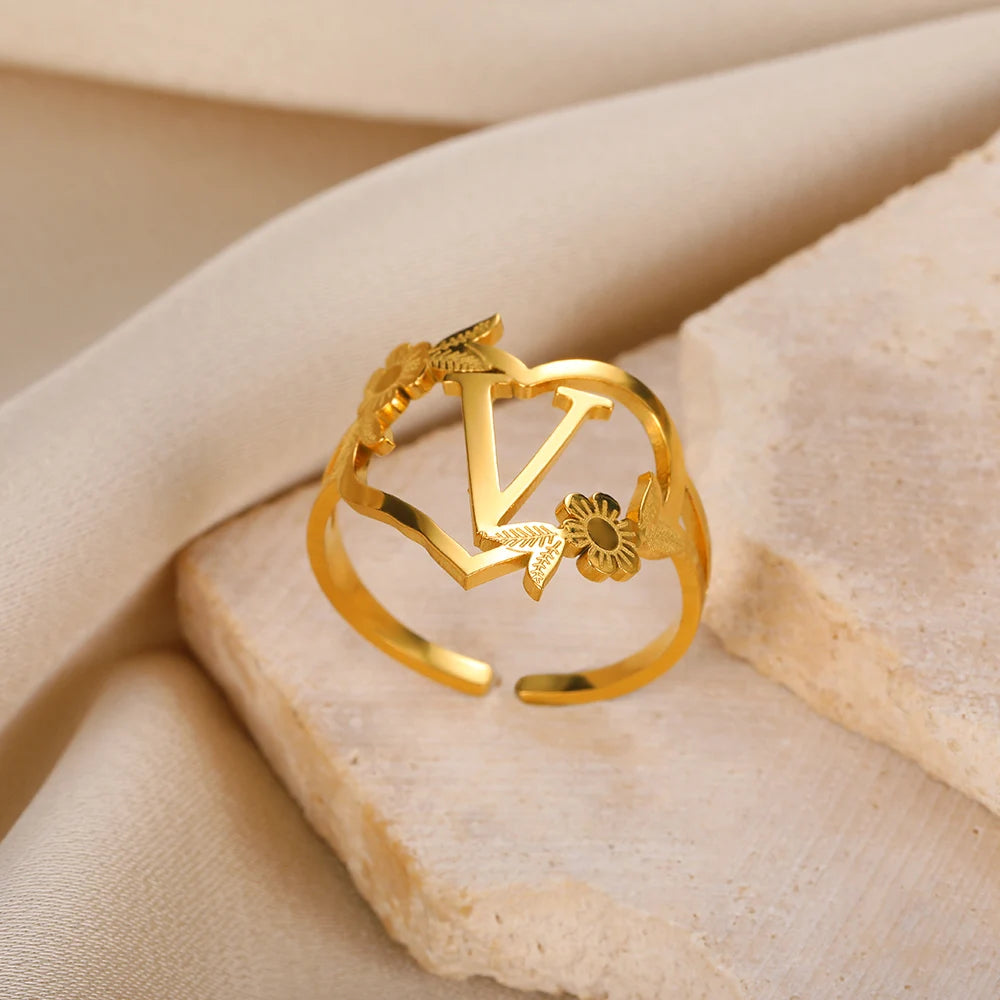 Custom Initials Letter Heart and Flowers Rings For Women - Gold Plated