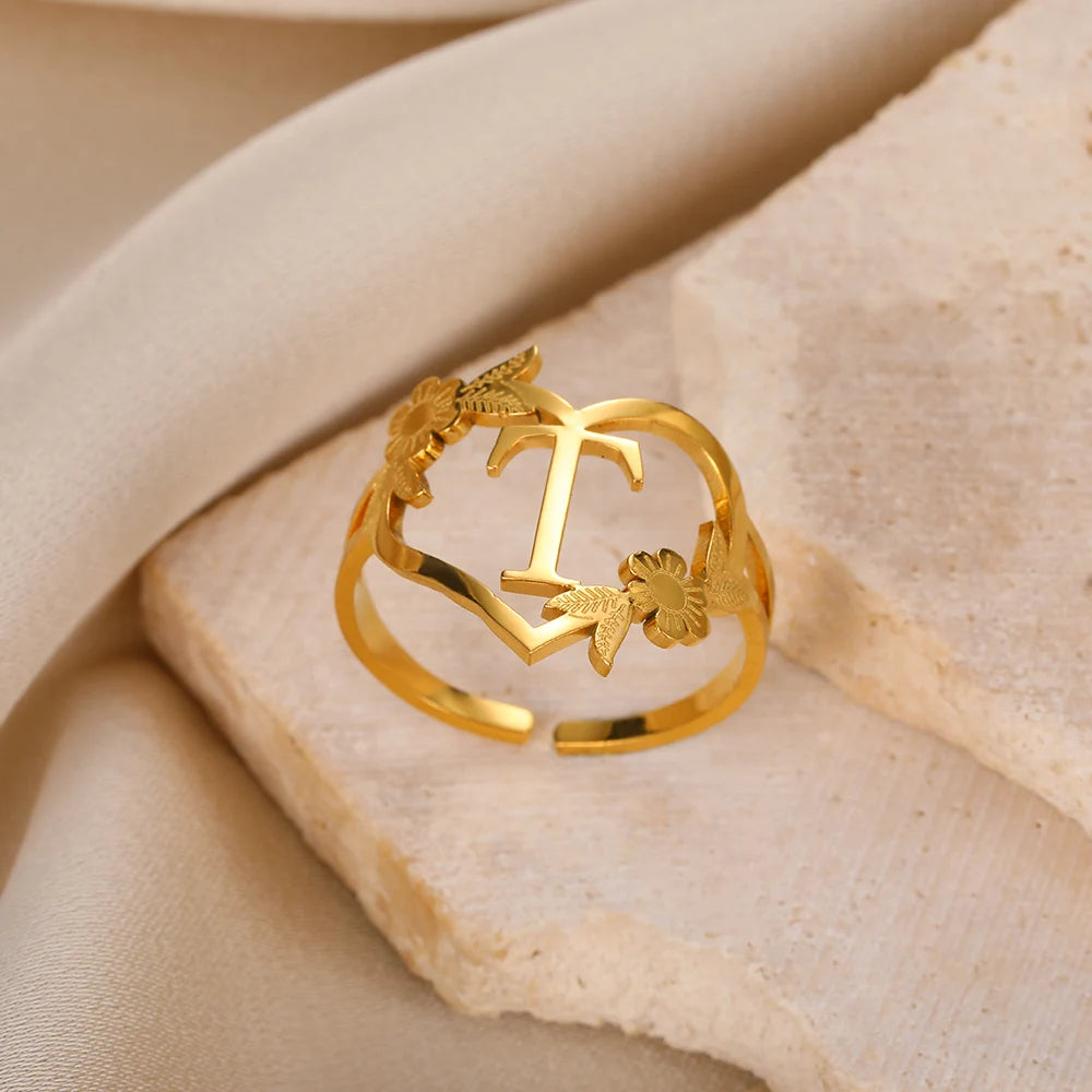 Custom Initials Letter Heart and Flowers Rings For Women - Gold Plated