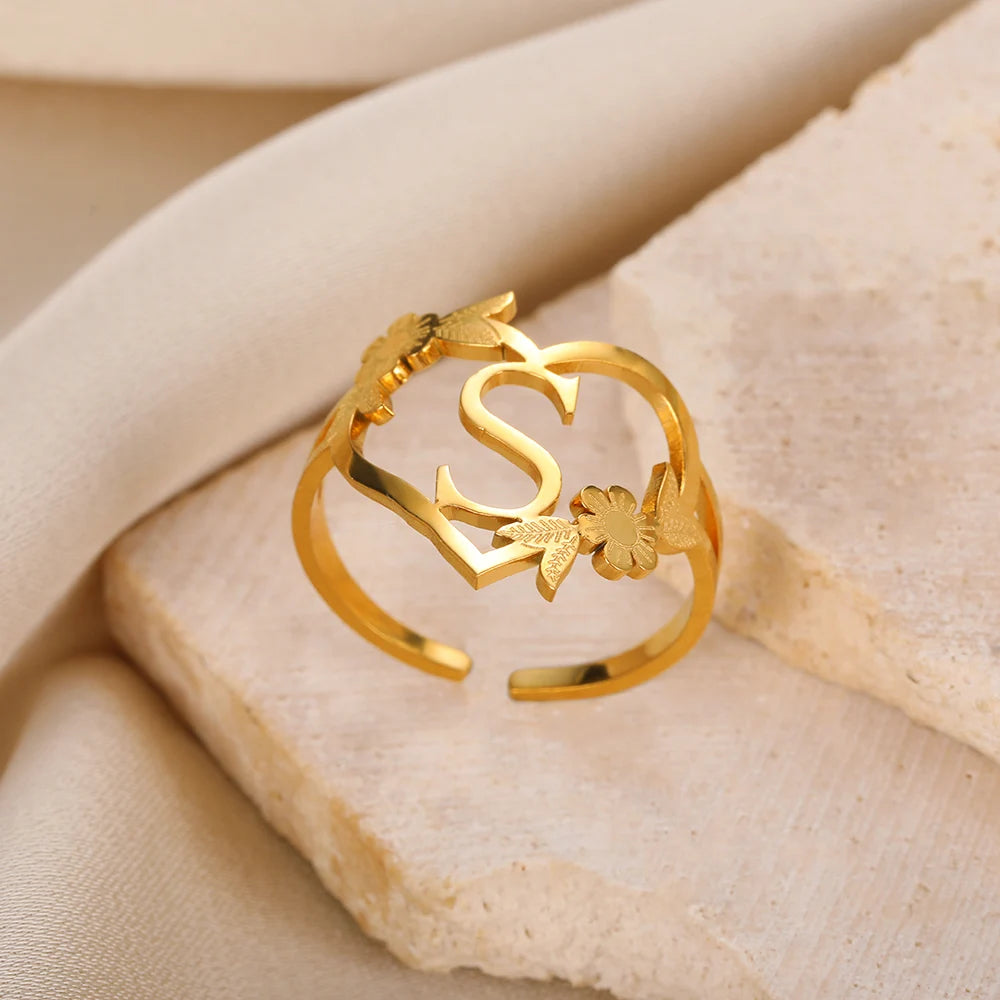 Custom Initials Letter Heart and Flowers Rings For Women - Gold Plated