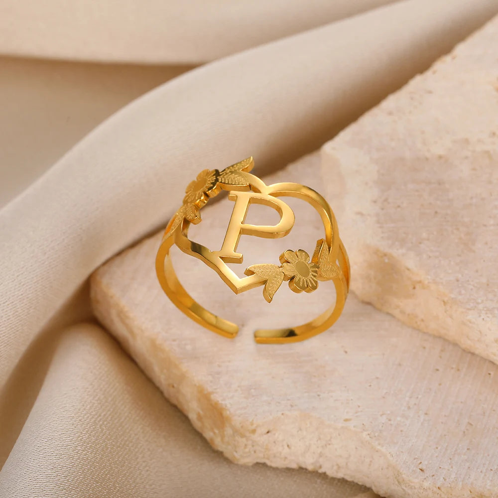 Custom Initials Letter Heart and Flowers Rings For Women - Gold Plated