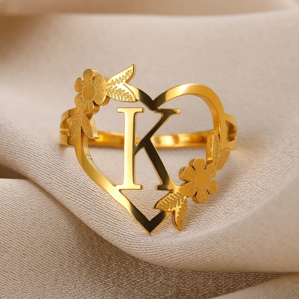 Custom Initials Letter Heart and Flowers Rings For Women - Gold Plated