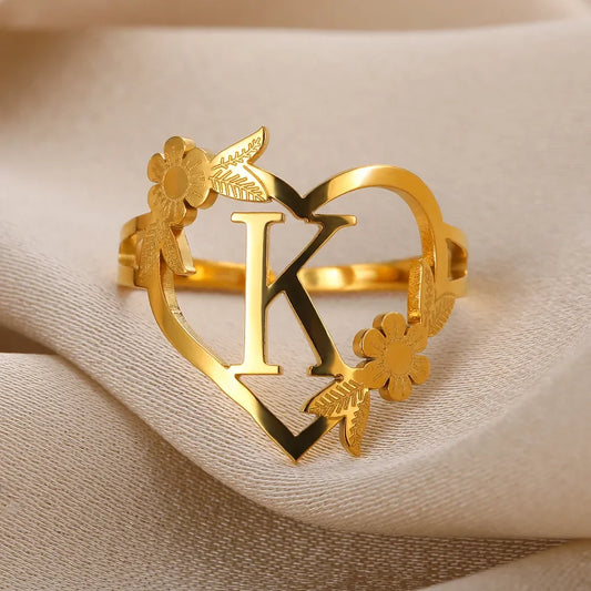 Custom Initials Letter Heart and Flowers Rings For Women - Gold Plated