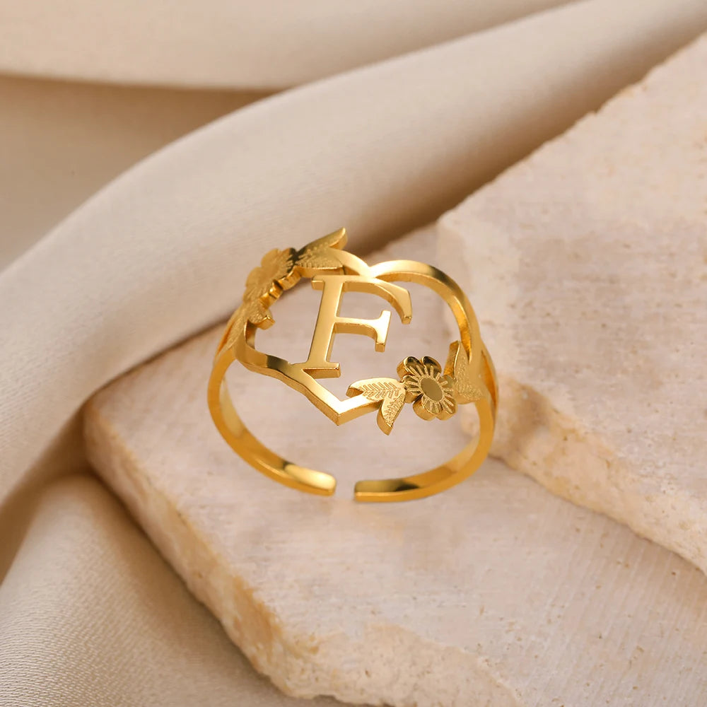 Custom Initials Letter Heart and Flowers Rings For Women - Gold Plated