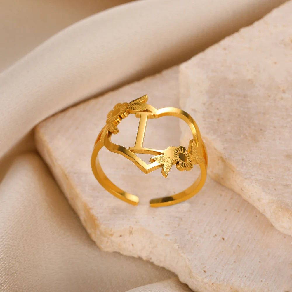 Custom Initials Letter Heart and Flowers Rings For Women - Gold Plated