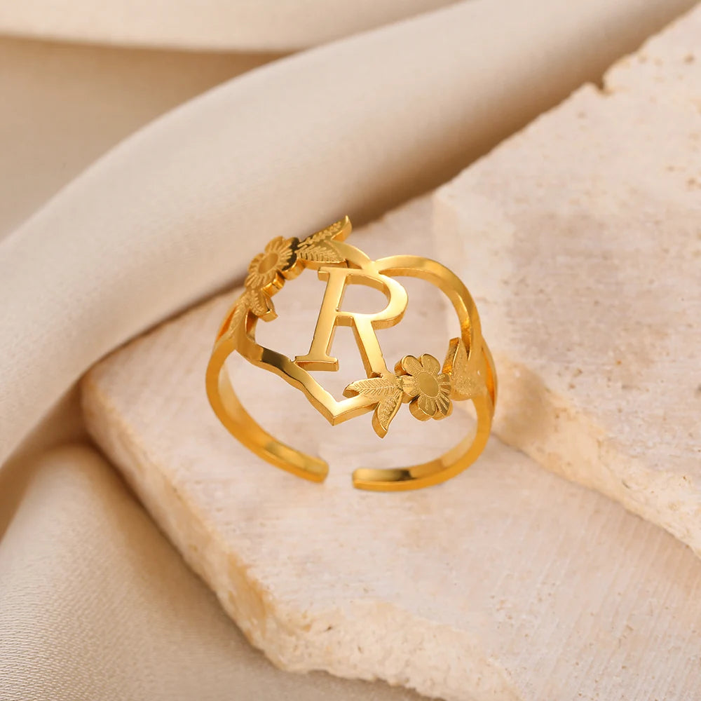 Custom Initials Letter Heart and Flowers Rings For Women - Gold Plated