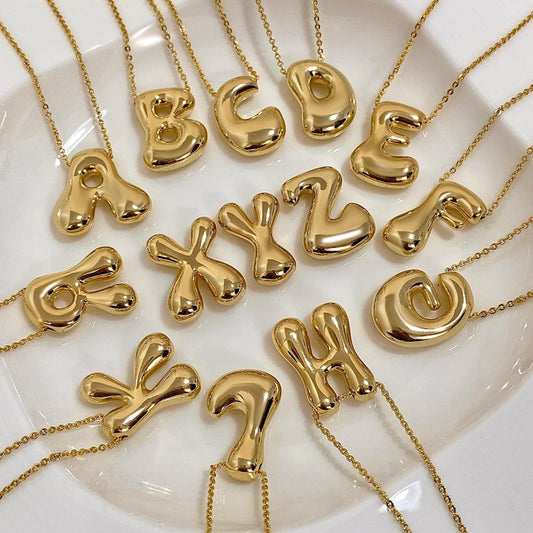 Custom Name Initial Chunky Balloon Bubble Letter Necklace - Gold Plated